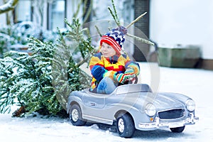 Funny little smiling kid boy driving toy car with Christmas tree.