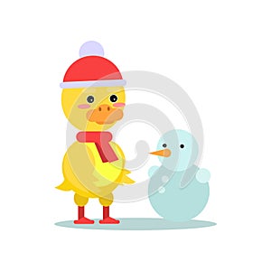 Funny little yellow duckling with snowman cartoon character vector illustration