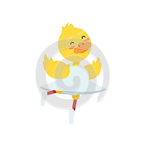 Funny little yellow duckling in white dress on ice skating, cartoon