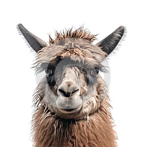 Funny llama or alpaca isolated on white background. Zoo animals. Llama lookng into camera portrait close up photo