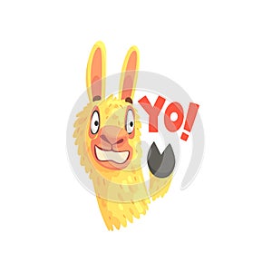 Funny llama character waving its hoof saying Yo, cute alpaca animal cartoon vector Illustration