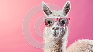 Funny llama wearing sunglasses with a soft color background. Lama glama. AI Generative