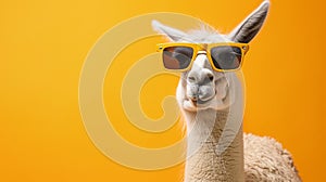 Funny llama wearing sunglasses with a soft color background. Lama glama. AI Generative