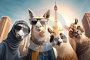 Funny llamas taking selfie with eiffel tower in the background