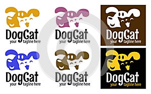 Funny logo from the combined muzzles of a cat and a dog. Pet store icon. Veterinarian clinic sign. Pet Supplies, Pet Food, and Pet