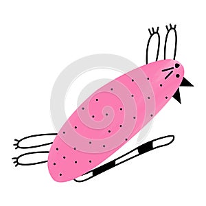 Funny long stretching cat. Doodle art. Simple pink minimalist cat lying. Stylish clipart for children's and teenage