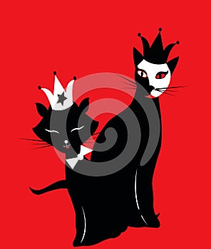 Funny looking black cats on red background