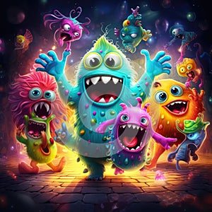 Funny-looking colorful monsters having fun. Junkie aliens partying together, dancing, tripping, smiling