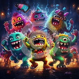 Funny-looking colorful monsters having fun. Junkie aliens partying together, dancing, tripping, smiling