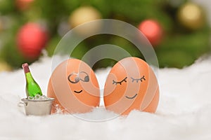 Funny lovely eggs in snow with bottle of wine