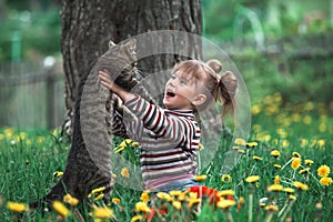 Funny lovely little girl playing with a big cat outdoor.