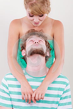 Funny loving couple making silly face