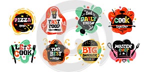 Funny lunch gastronomy hand lettering. Cooking label, stamp or sticker, kitchen food symbols, cook logo, burger and