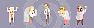 Funny Mad Scientist Man Character In Lab Coat Vector Set