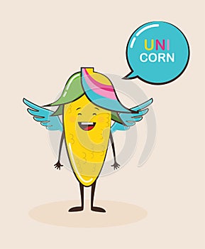 Funny magical corn character with funny quote. Cartoon face food emoji. Funny food concept.