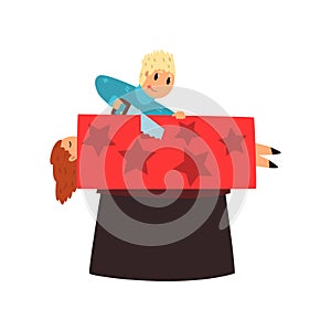 Funny magician sawing young woman into two halves. Assistant in red box. Colorful flat vector design