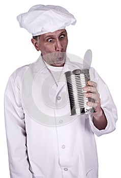 Funny Male Cook or Chef Looking in Food Tin Can