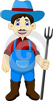 Funny male farmer cartoon holding rake