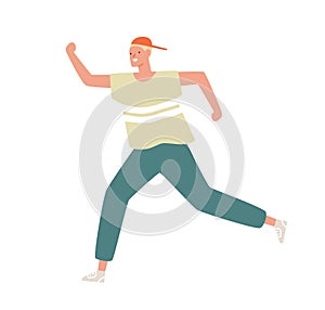 Funny male teenager in cap and sportswear running or moving fast vector flat illustration. Smiling boy jogging enjoying