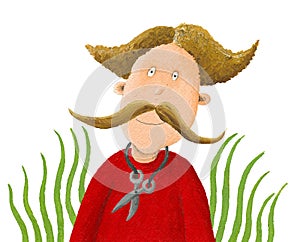 Funny man with big mustache and scissors
