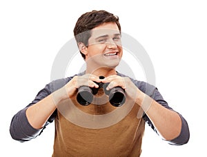 Funny man with binocular. On white background.