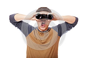 Funny man with binocular. On white background.