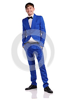 Funny man in blue suite on white background