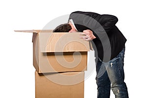 Funny man with boxes