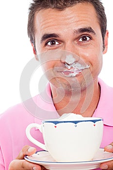 Funny man and coffee with whipped cream