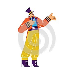 Funny man in costume performing at circus, flat vector illustration isolated on white background.