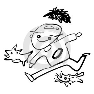 Funny man dog cat running vector illustration design
