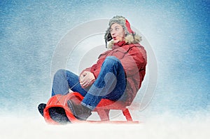 Funny man fly on a sled in the snow, concept winter fun
