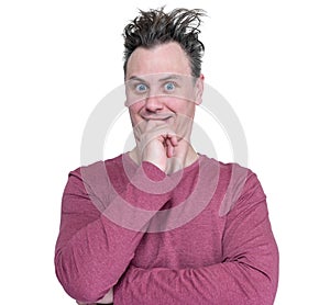 Funny man grimaces portrait isolated on white background