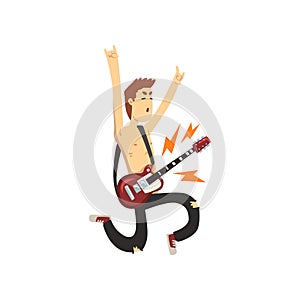 Funny man in jumping action with electric guitar. Cartoon character of young musician. Guy dressed in black ripped pants