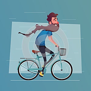 Funny man with long beard ride a bike. Vintage bicycle. Cartoon vector illustration