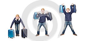 The funny man with luggage on white