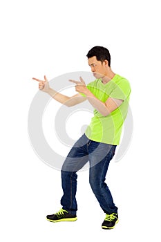 Funny man make a hand gun gesture