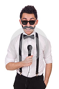 Funny man with mic isolated on white