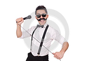 Funny man with mic isolated on white