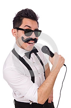 Funny man with mic isolated on the white