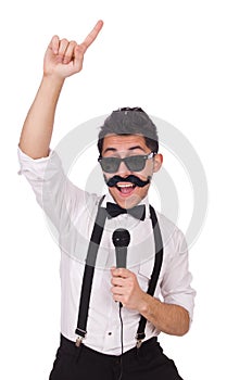 Funny man with mic isolated on the white