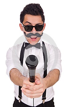 Funny man with mic isolated on the white