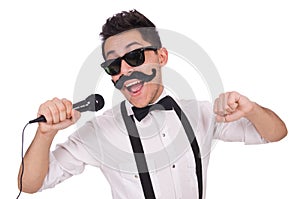 Funny man with mic isolated on the white