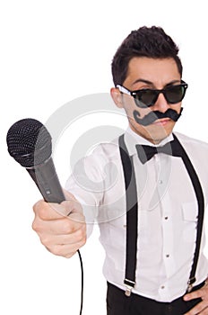 Funny man with mic isolated on white