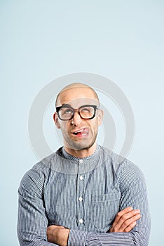 Funny man portrait real people high definition blue background