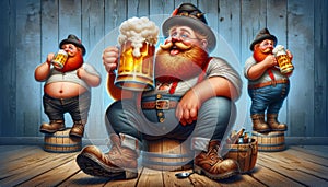 Funny man with a red beard, belly, holds a mug with beer, foam, sits on a beer barrel. Beer Day