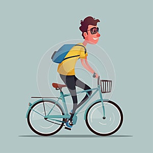 Funny man ride a bike. Vintage bicycle. Cartoon vector illustration