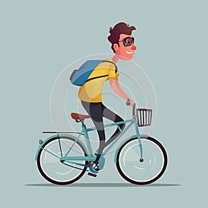 Funny man ride a bike. Vintage bicycle. Cartoon vector illustration photo