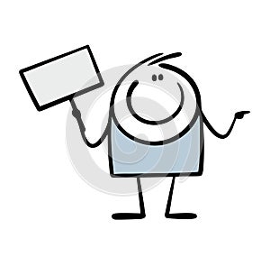 Funny man stickman stands with doodle sign and points his finger in the direction. Vector illustration of cartoon