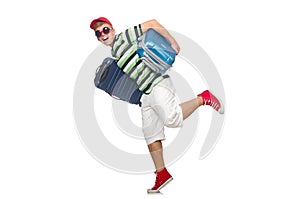 Funny man with suitcase isolated
